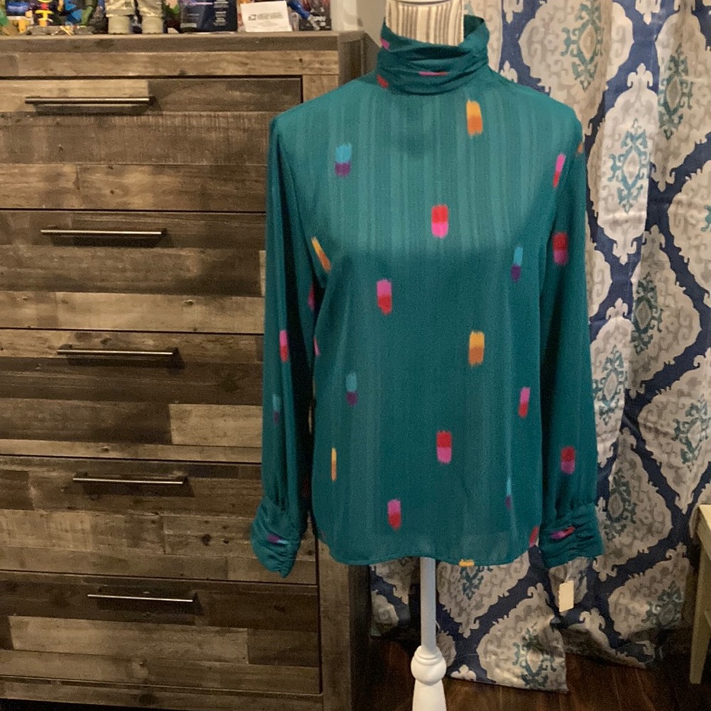 Vintage NWT Stuart Lang Sheer Turquoise Shirt,detailed neck w/buttons-Size 11/12